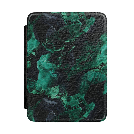 Malachite Kindle case — emerald and jade stone rings on black vegan leather