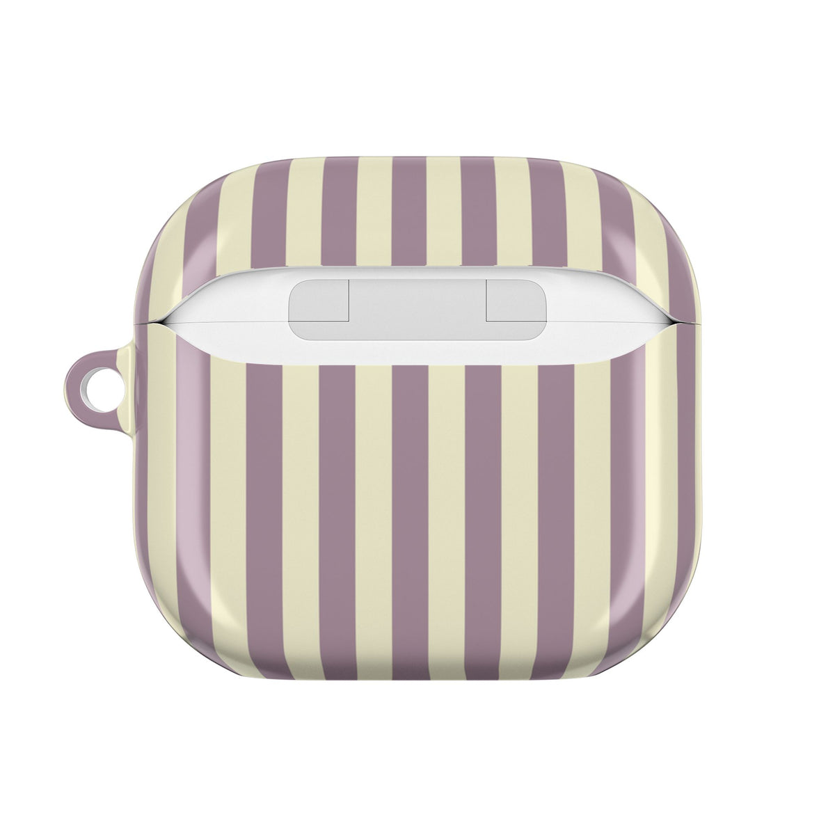Mauve and cream stripe AirPods case — back view with charging cutout