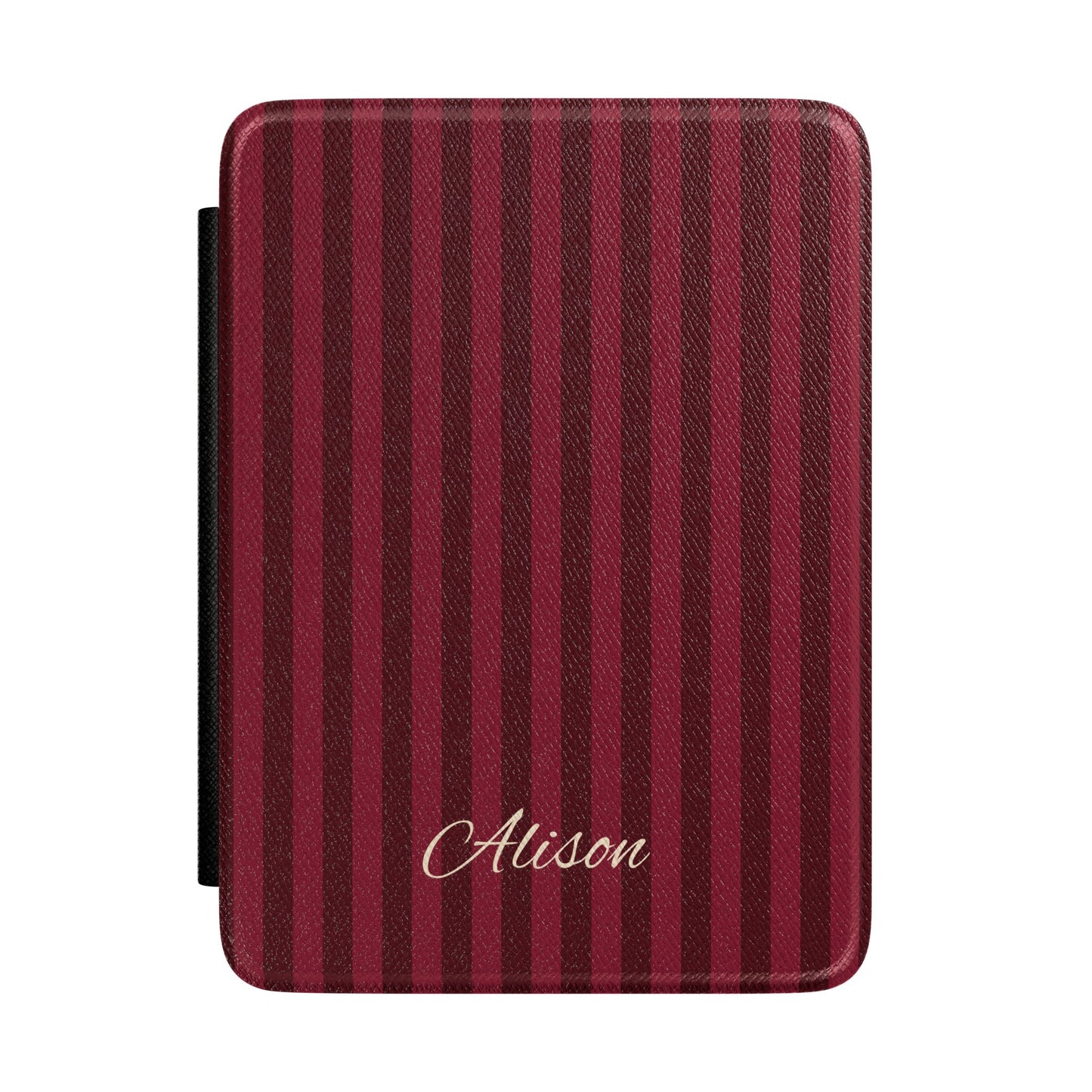 Personalized burgundy stripe Kindle case with debossed name — Maison Noir custom gift for her
