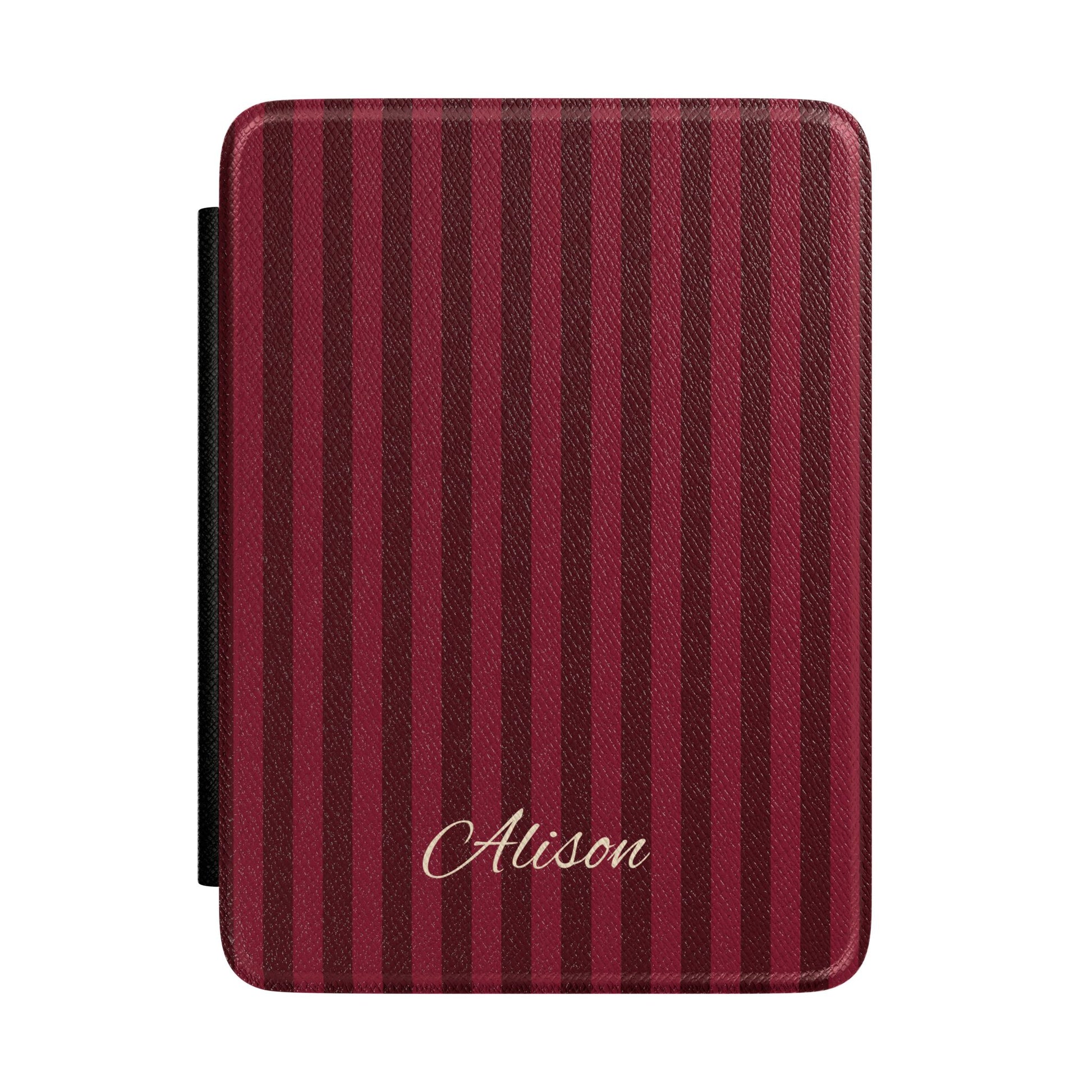 Personalized burgundy stripe Kindle case with debossed name — Maison Noir custom gift for her