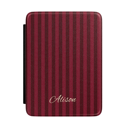 Personalized burgundy stripe Kindle case with debossed name — Maison Noir custom gift for her