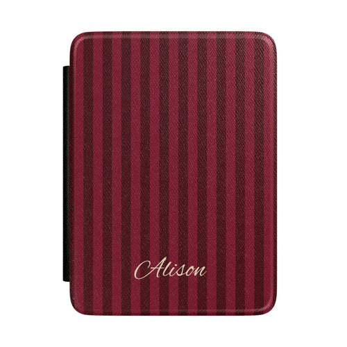 Personalized burgundy stripe Kindle case with debossed name — Maison Noir custom gift for her