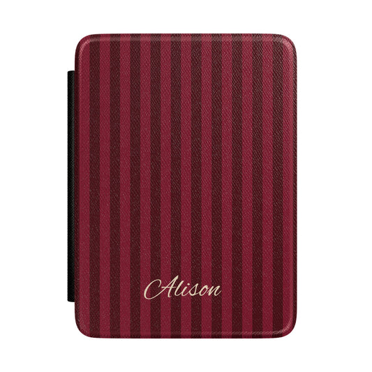 Personalized burgundy stripe Kindle case with debossed name — Maison Noir custom gift for her