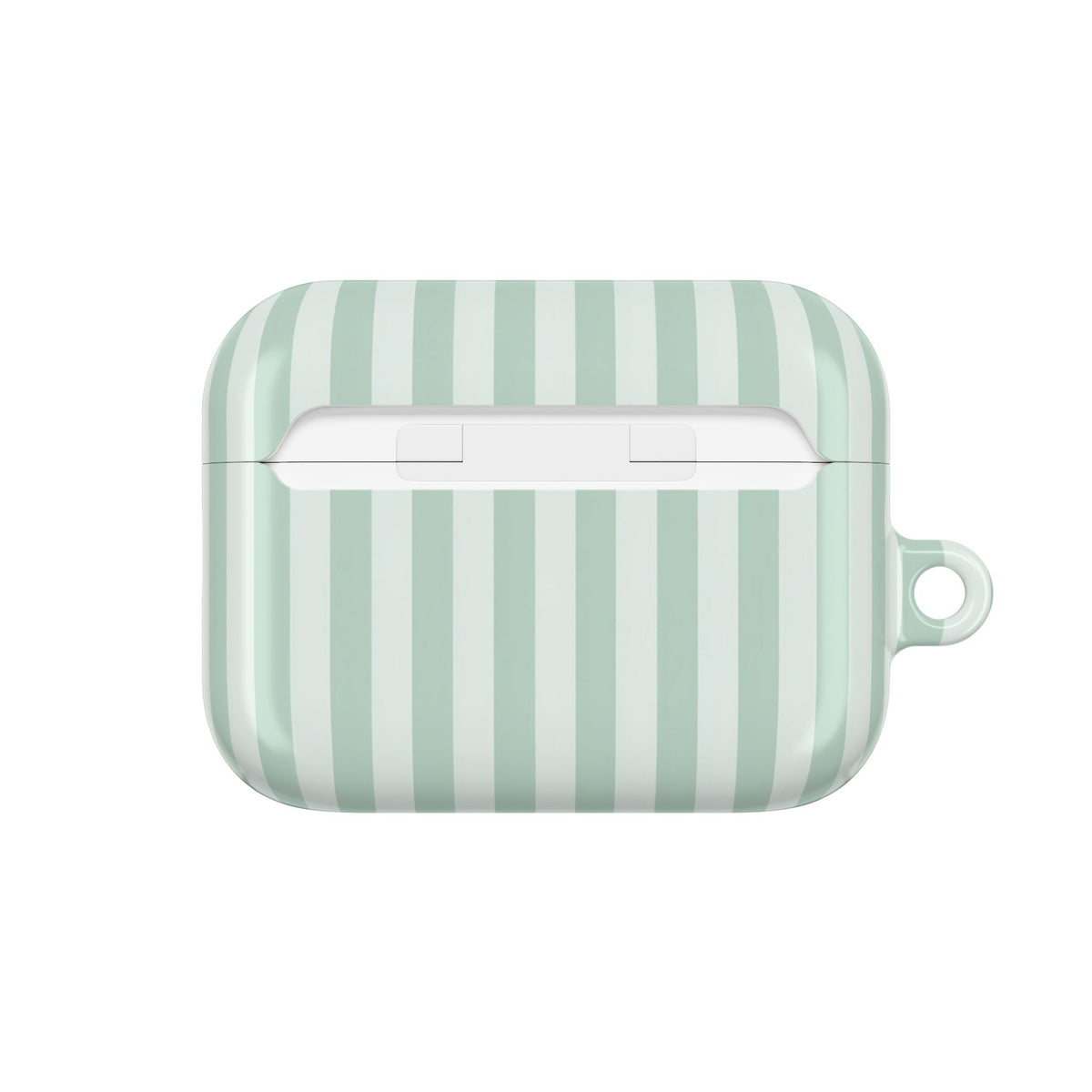 Sage green stripe AirPods case back — stripes wrap the lid and side walls