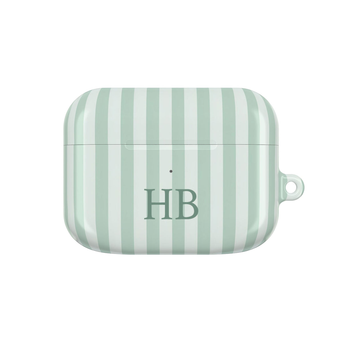 Sage Stripe monogram AirPods case — sage and mint stripes with green serif initials