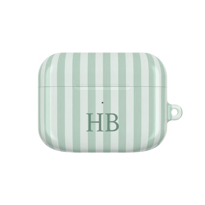 Sage Stripe monogram AirPods case — sage and mint stripes with green serif initials
