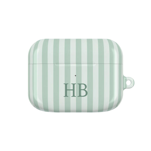 Sage Stripe monogram AirPods case — sage and mint stripes with green serif initials