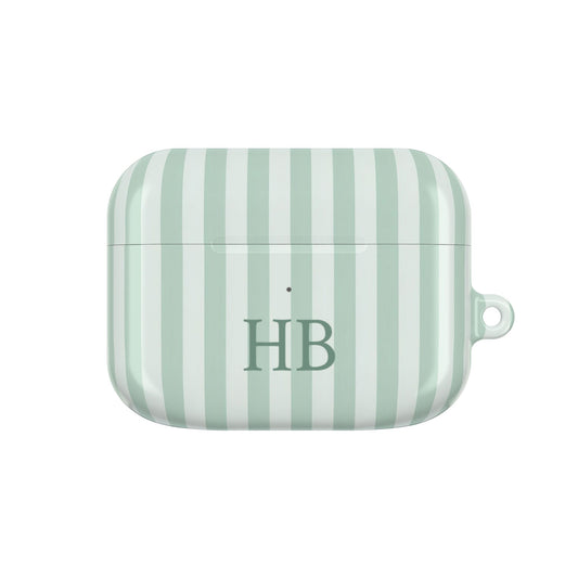 Sage Stripe monogram AirPods case — sage and mint stripes with green serif initials