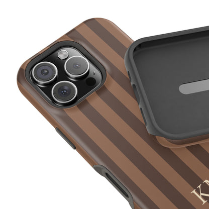 Brown Stripe Initials MagSafe case, matte finish detail