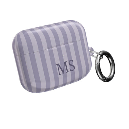 Lilac Stripe monogram AirPods case with carabiner clip — personalized gift