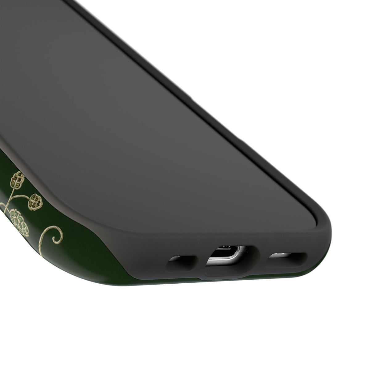Curling hop stems knotted at the base of a green phone case