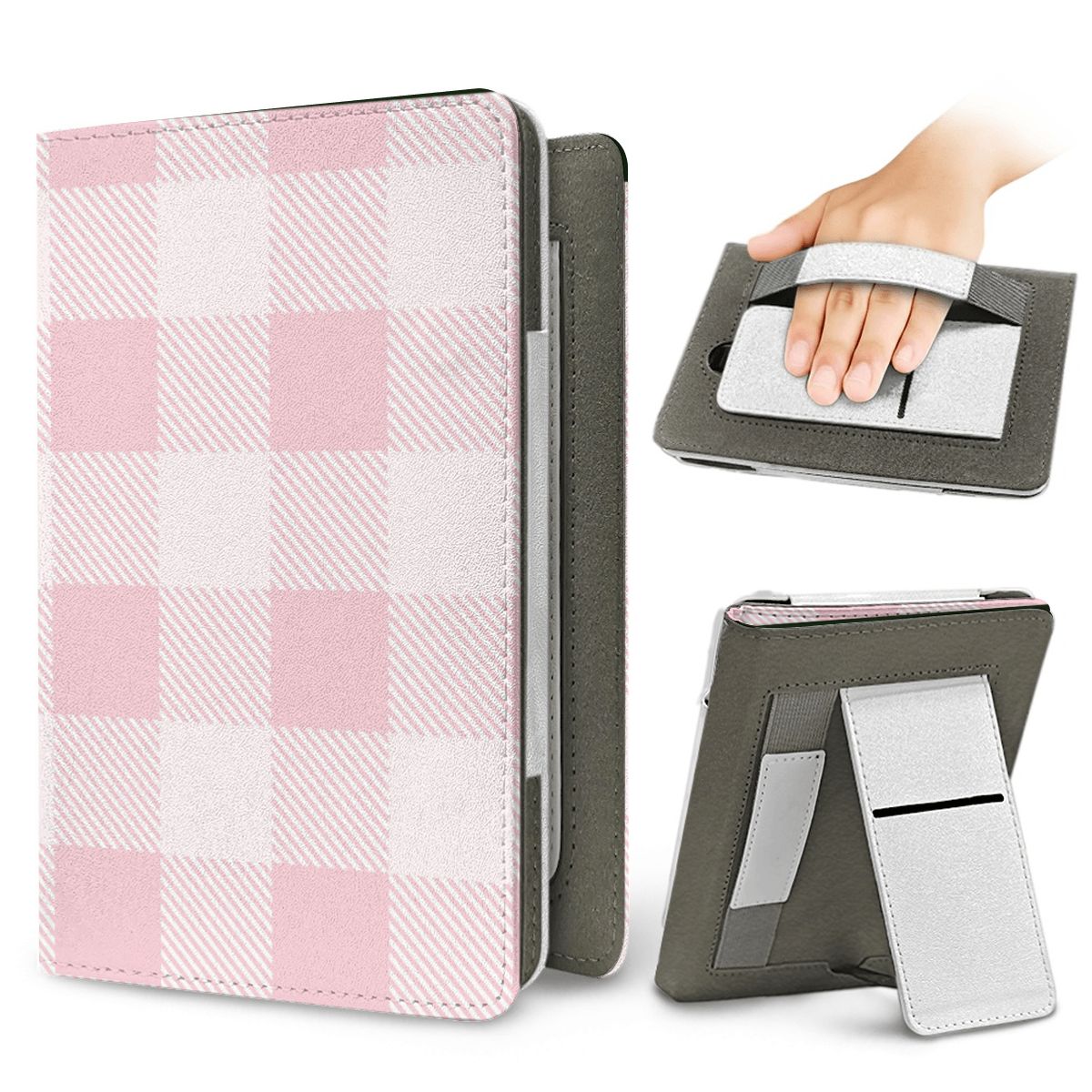 Blush Buffalo Check Kindle case — elastic hand strap and fold-out stand on the back