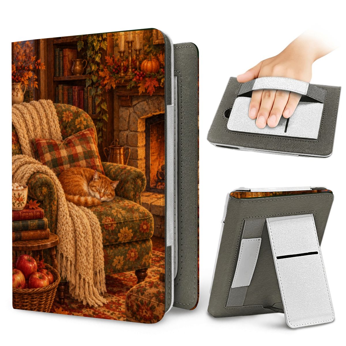 Cozy Reading Nook Kindle case — elastic hand strap and fold-out stand on the back