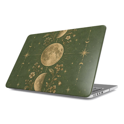 Moss Moon Phases MacBook case — hard-shell laptop cover, angled lid view