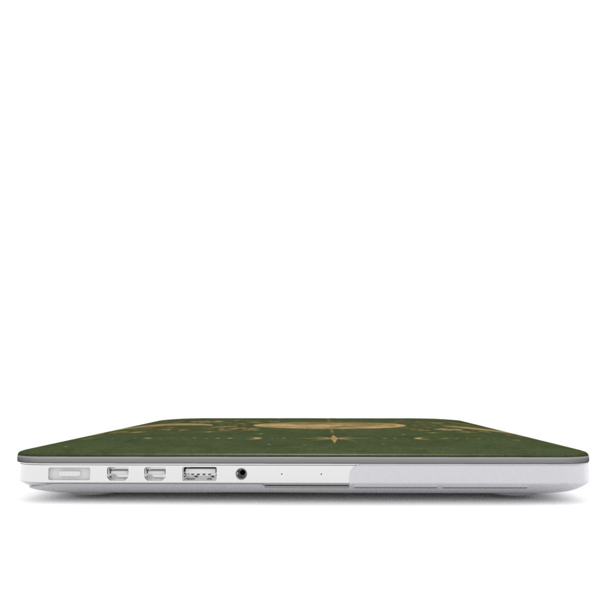 Moss Moon Phases MacBook case — hard-shell laptop cover, side view with ports