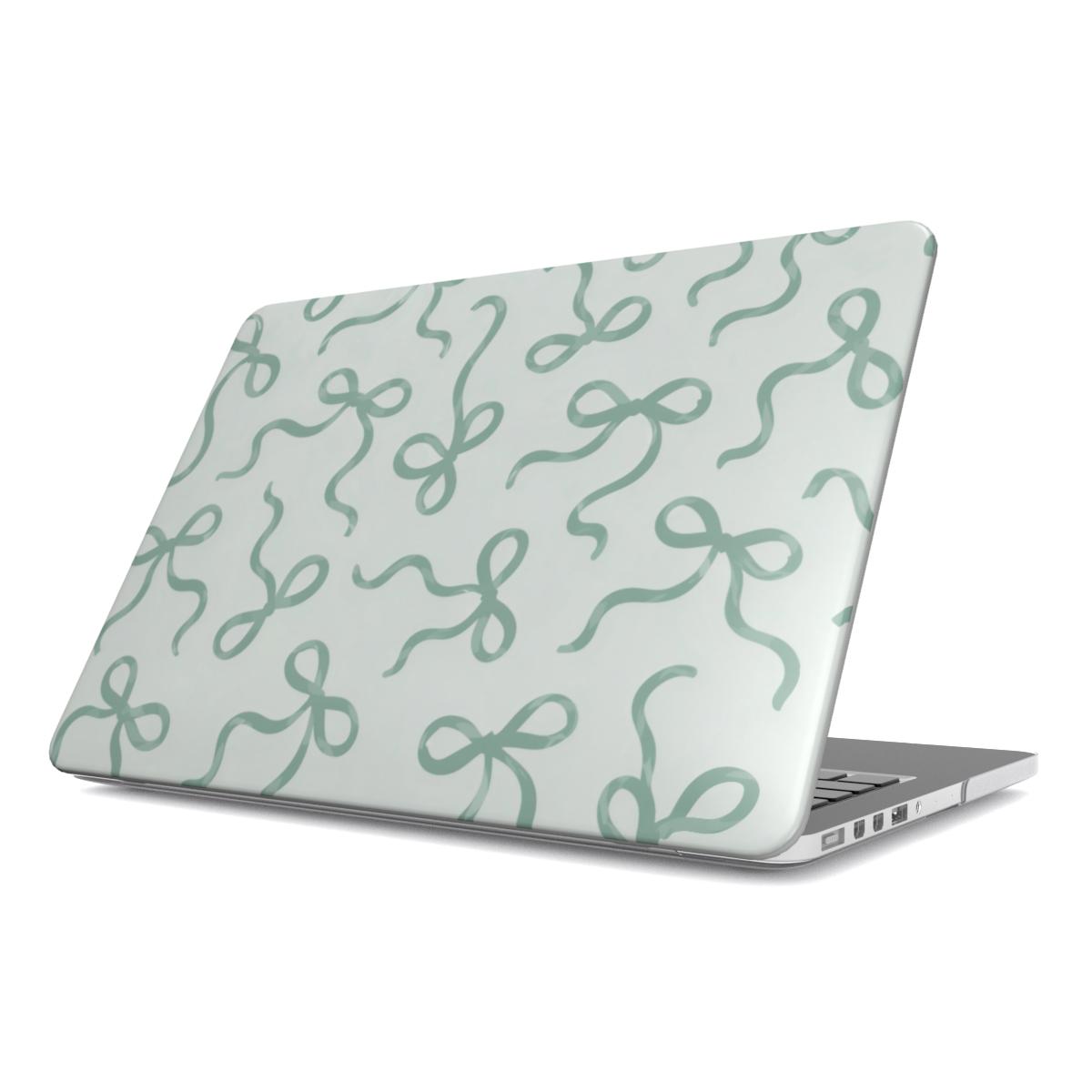 Sage Bows MacBook case — hard-shell laptop cover, angled lid view