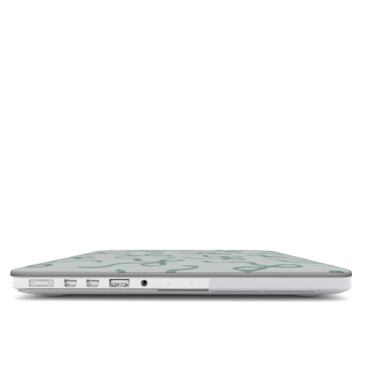 Sage Bows MacBook case — hard-shell laptop cover, side view with ports