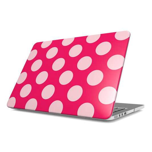 Raspberry Polka Dot MacBook case — hard-shell laptop cover, angled lid view