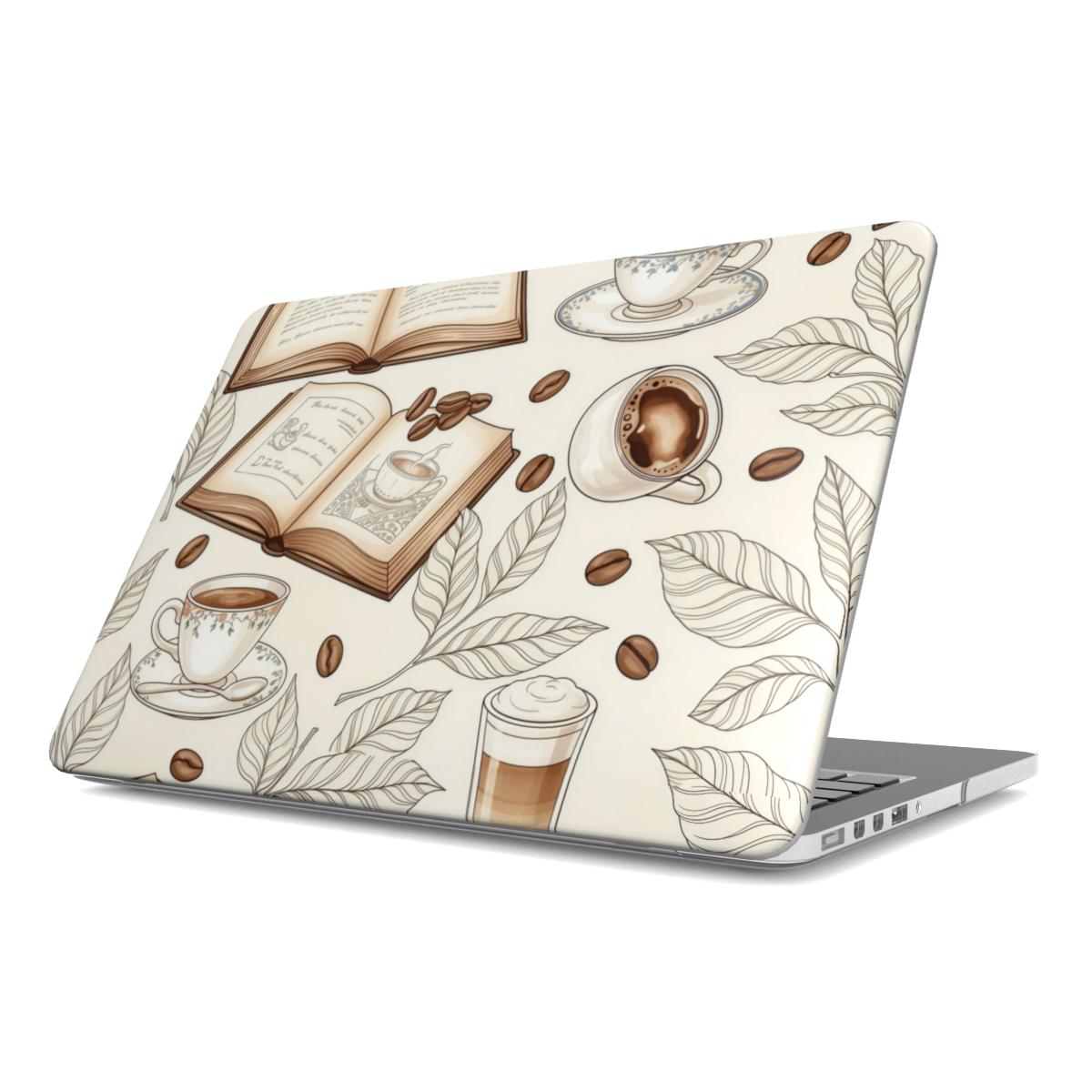 Books & Coffee MacBook case — hard-shell laptop cover, angled lid view