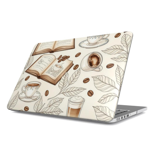 Books & Coffee MacBook case — hard-shell laptop cover, angled lid view