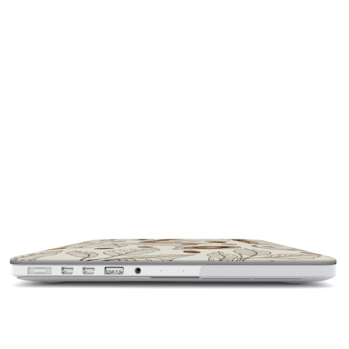 Books & Coffee MacBook case — hard-shell laptop cover, side view with ports