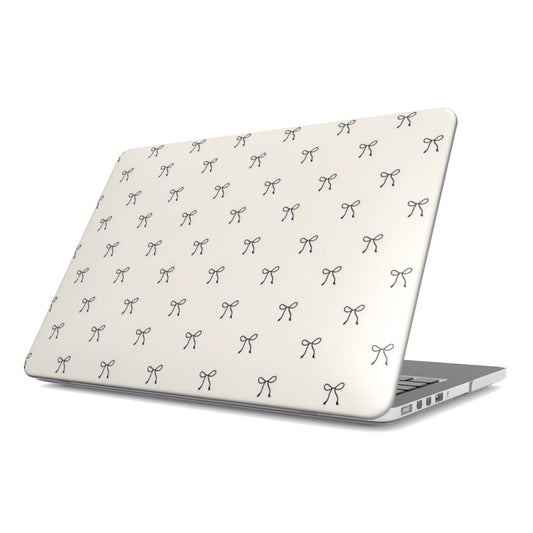 Black Bows MacBook case — hard-shell laptop cover, angled lid view