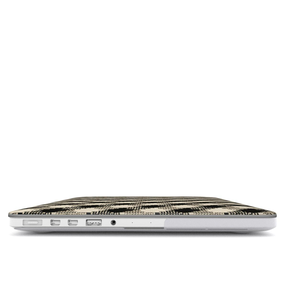 Black & Cream Check MacBook case — hard-shell laptop cover, side view with ports