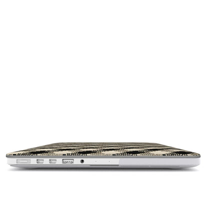 Black & Cream Check MacBook case — hard-shell laptop cover, side view with ports