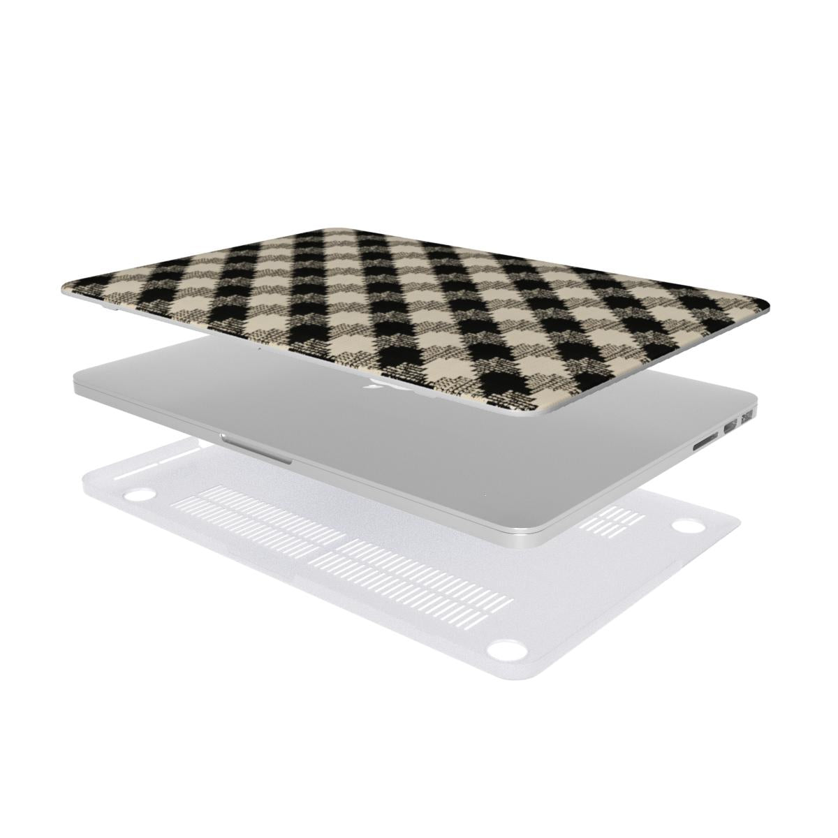 Black & Cream Check MacBook case — hard-shell laptop cover, two-piece shell view