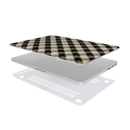 Black & Cream Check MacBook case — hard-shell laptop cover, two-piece shell view