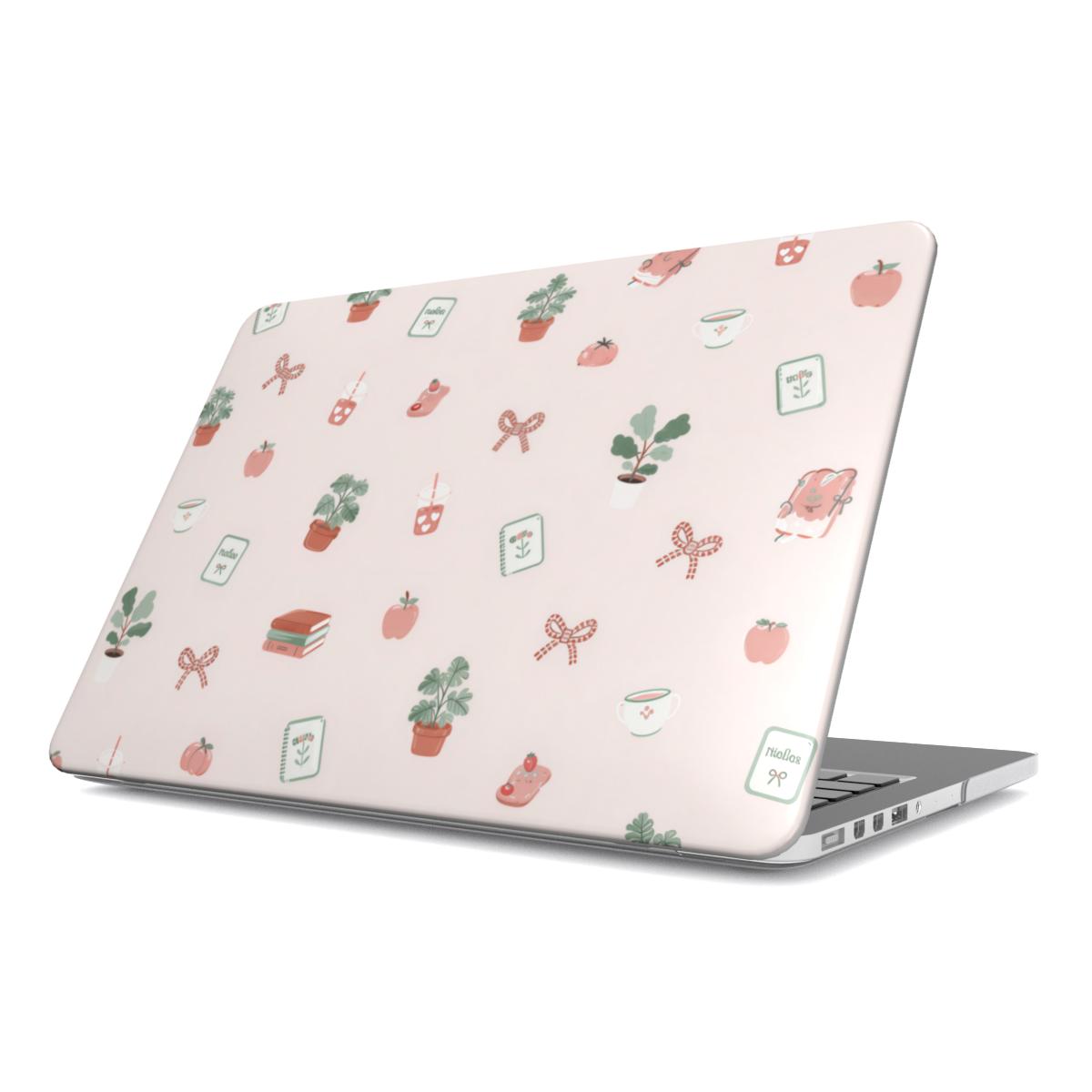 Cottage Bookish Doodle MacBook case — hard-shell laptop cover, angled lid view