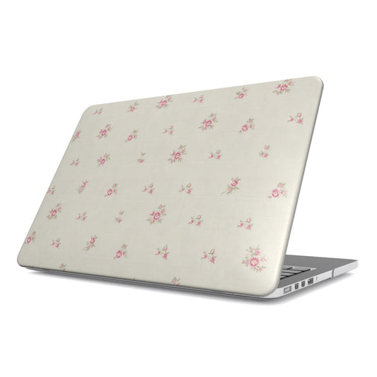 Ditsy Rose MacBook case — hard-shell laptop cover, angled lid view