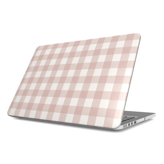 Taupe Gingham MacBook case — hard-shell laptop cover, angled lid view