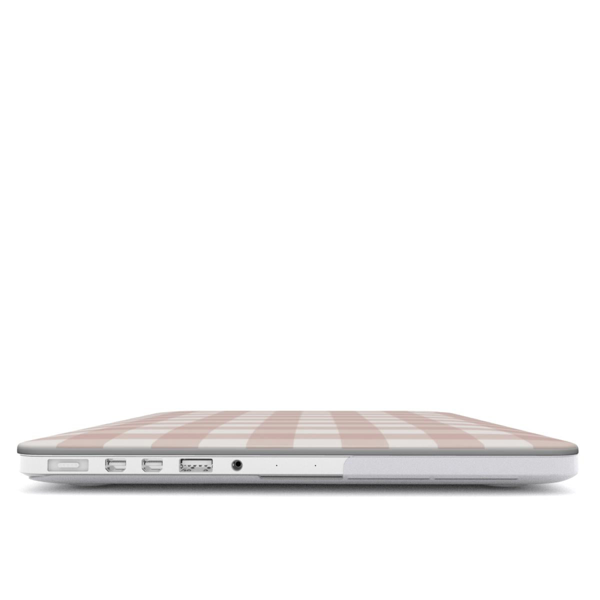 Taupe Gingham MacBook case — hard-shell laptop cover, side view with ports