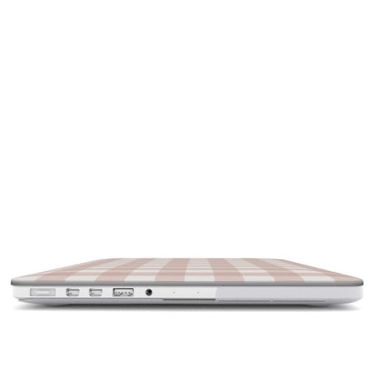 Taupe Gingham MacBook case — hard-shell laptop cover, side view with ports