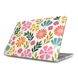 Bright Folk Floral MacBook case — hard-shell laptop cover, angled lid view