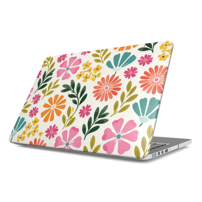 Bright Folk Floral MacBook case — hard-shell laptop cover, angled lid view