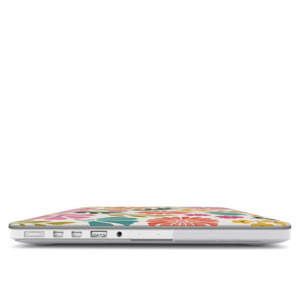 Bright Folk Floral MacBook case — hard-shell laptop cover, side view with ports
