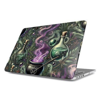 Witch's Apothecary MacBook case — hard-shell laptop cover, angled lid view
