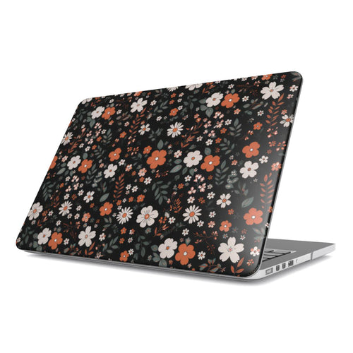 Dark Ditsy Floral MacBook case — hard-shell laptop cover, angled lid view