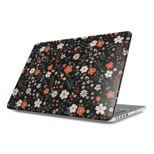 Dark Ditsy Floral MacBook case — hard-shell laptop cover, angled lid view