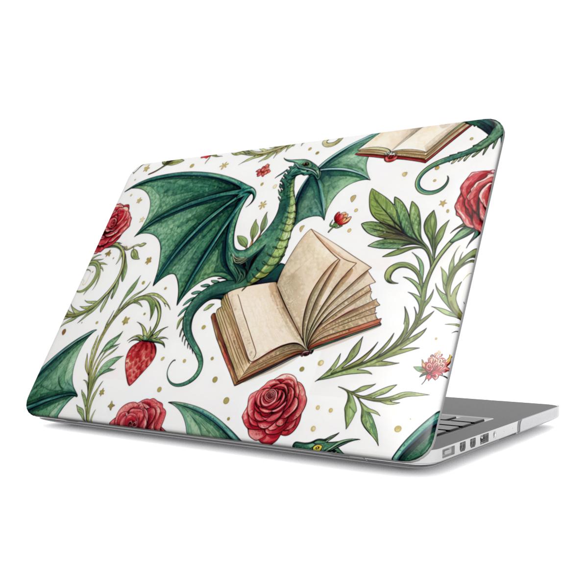 Dragons & Books MacBook case — hard-shell laptop cover, angled lid view