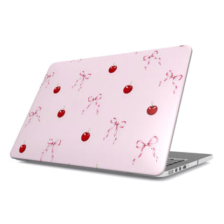Cherries & Bows MacBook case — hard-shell laptop cover, angled lid view
