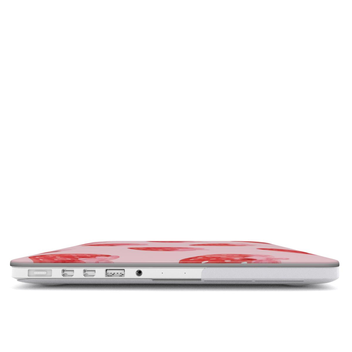 Watercolor Strawberry MacBook case — hard-shell laptop cover, side view with ports