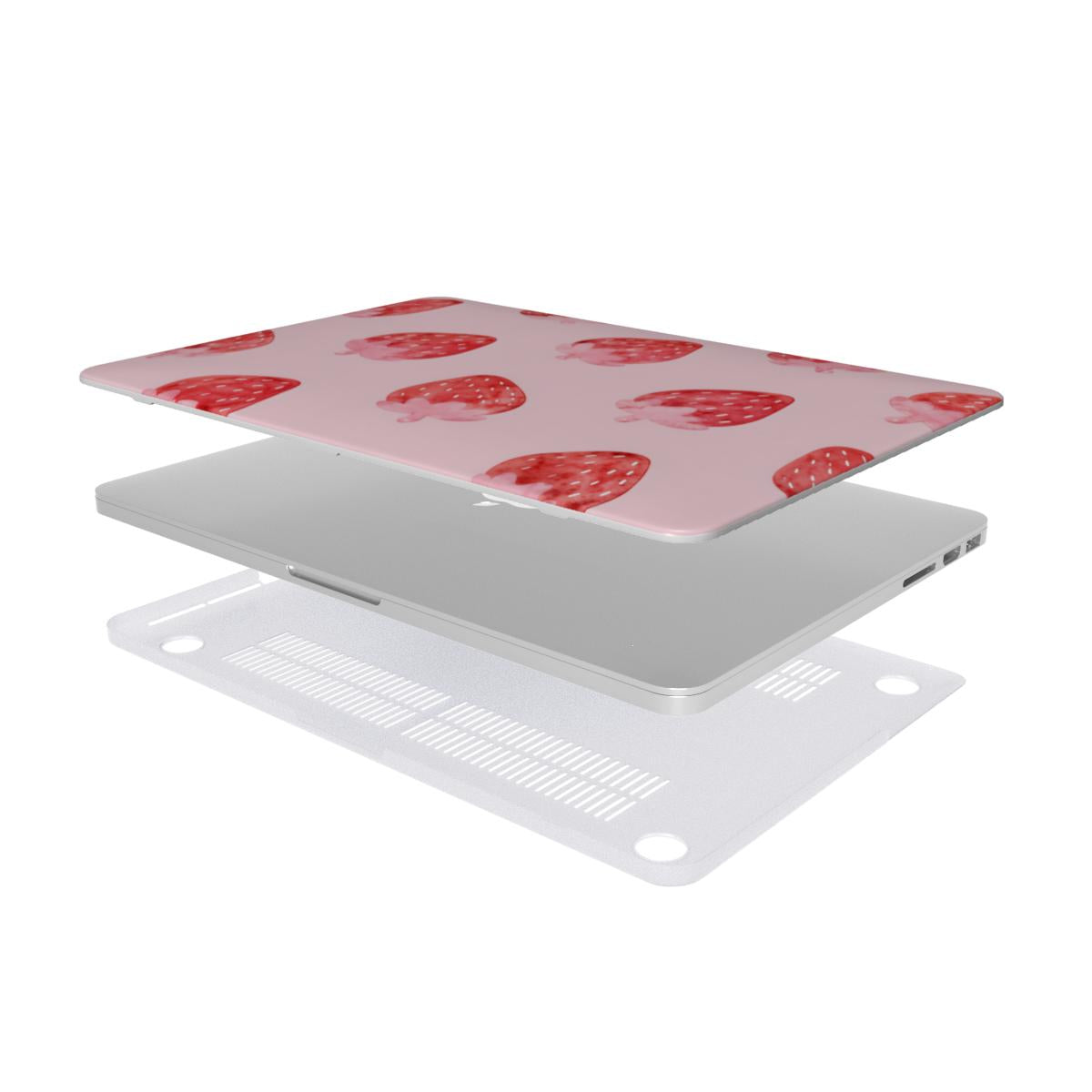 Watercolor Strawberry MacBook case — hard-shell laptop cover, two-piece shell view