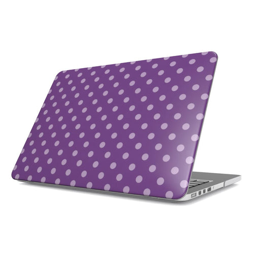 Plum Polka Dot MacBook case — hard-shell laptop cover, angled lid view