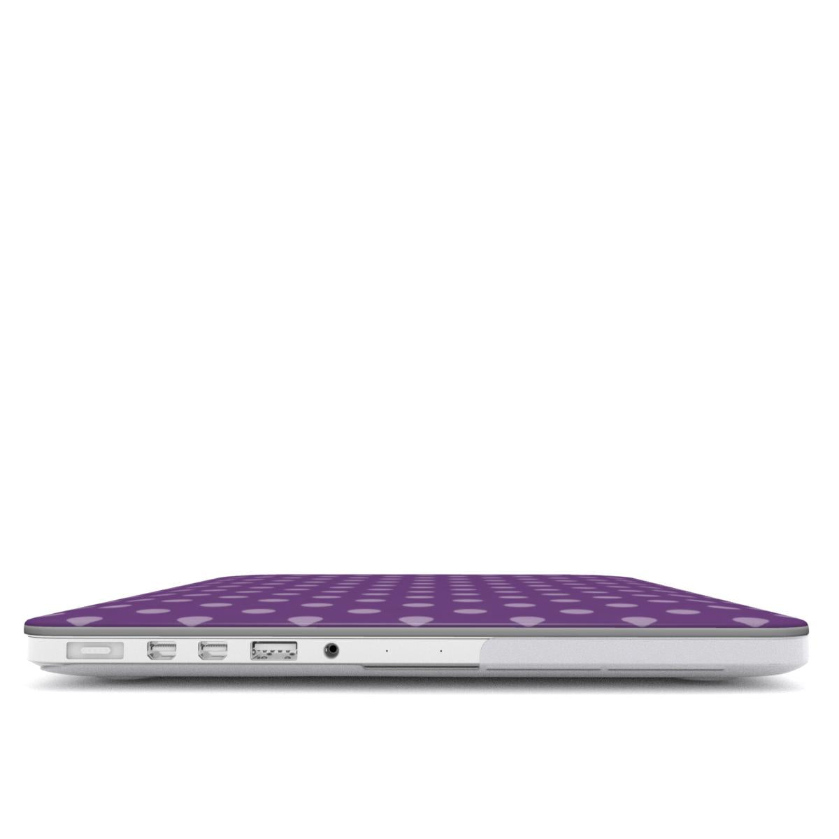 Plum Polka Dot MacBook case — hard-shell laptop cover, side view with ports