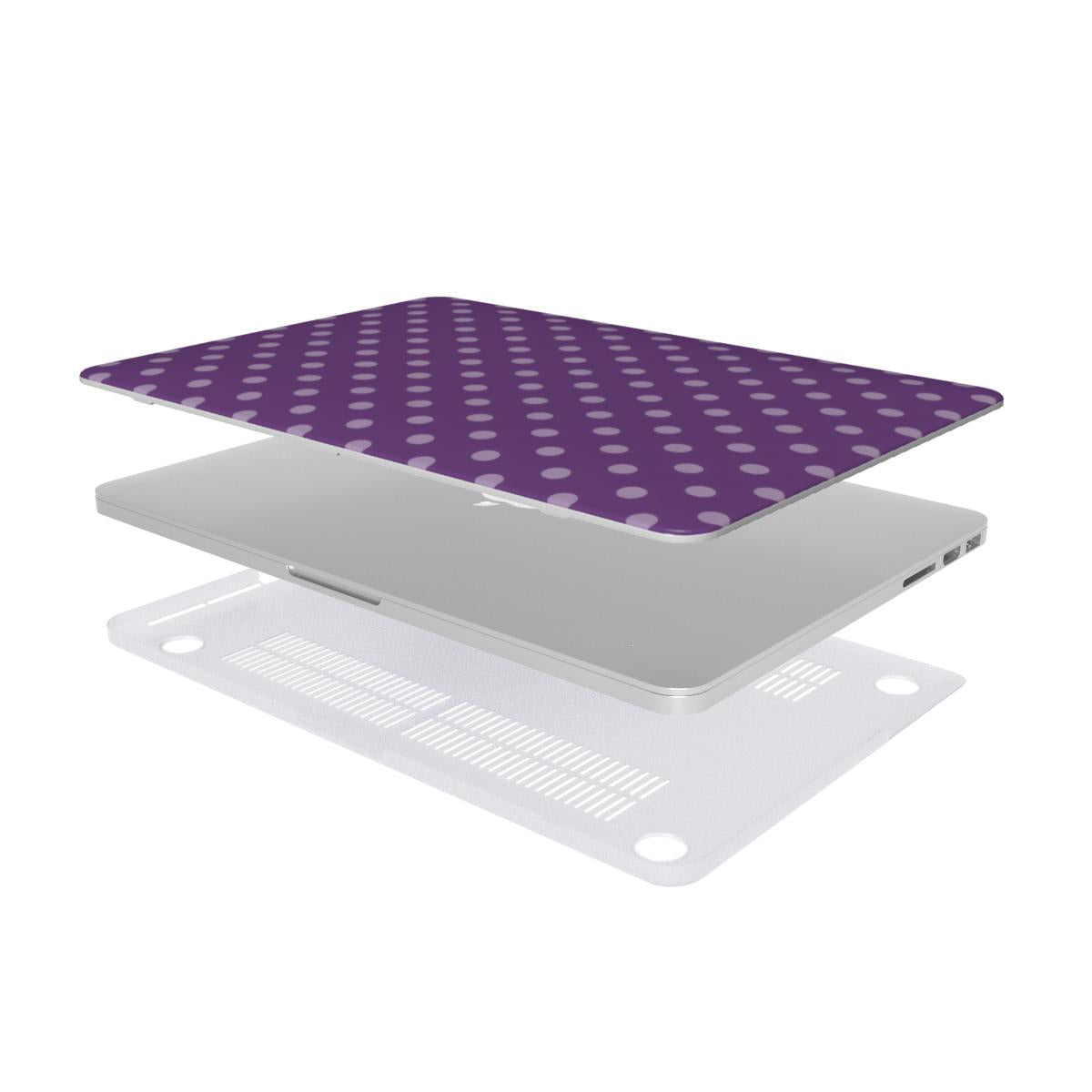Plum Polka Dot MacBook case — hard-shell laptop cover, two-piece shell view