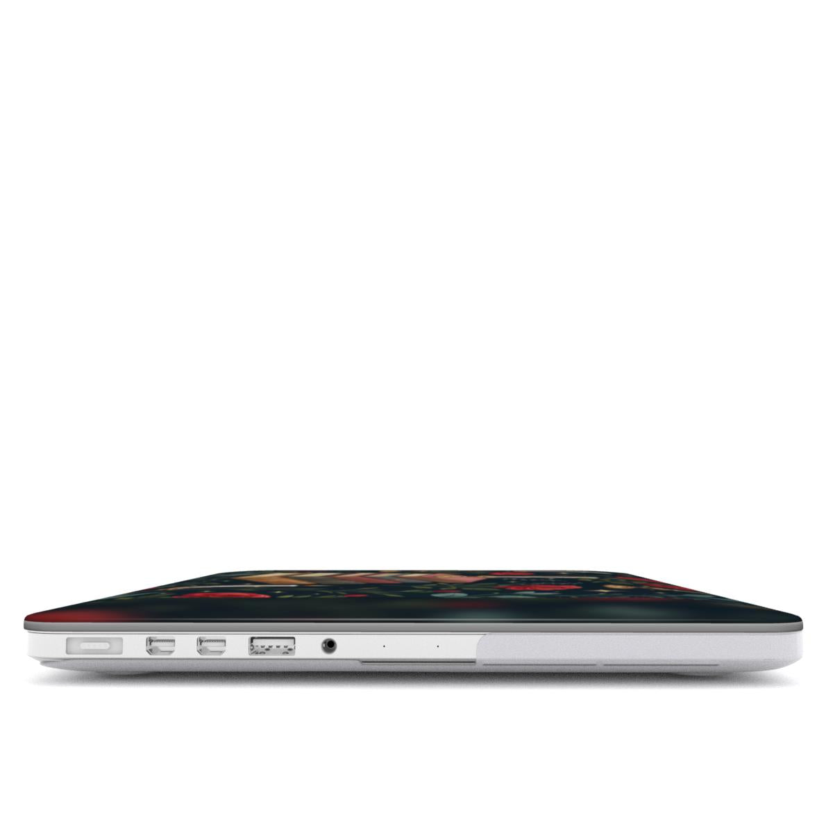 Candlelit Library MacBook case — hard-shell laptop cover, side view with ports
