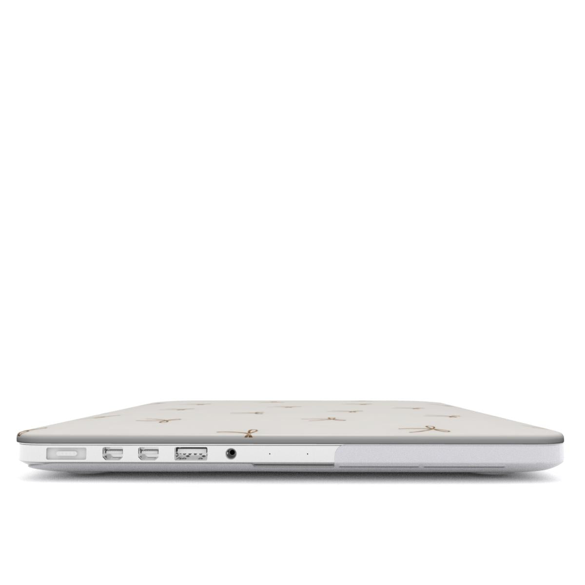 Taupe Bows MacBook case — hard-shell laptop cover, side view with ports